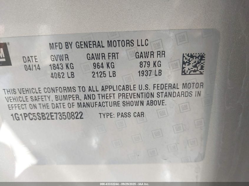 2014 Chevrolet Cruze 1Lt Auto VIN: 1G1PC5SB2E7350822 Lot: 43332244