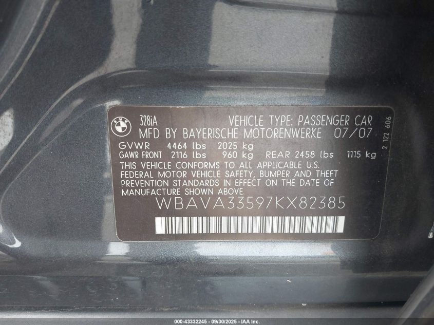 2007 BMW 328I VIN: WBAVA33597KX82385 Lot: 43332245