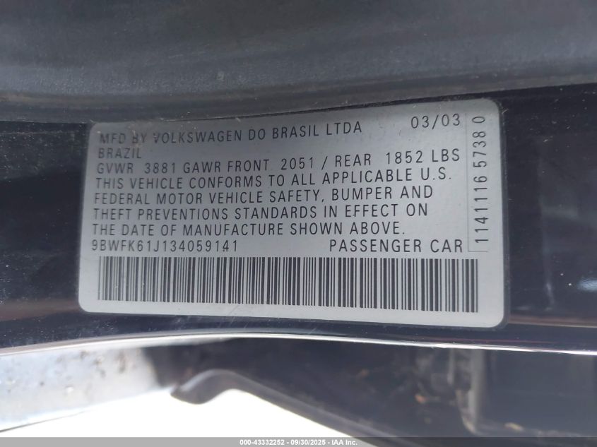 2003 Volkswagen Golf Gl 2.0L VIN: 9BWFK61J134059141 Lot: 43332252