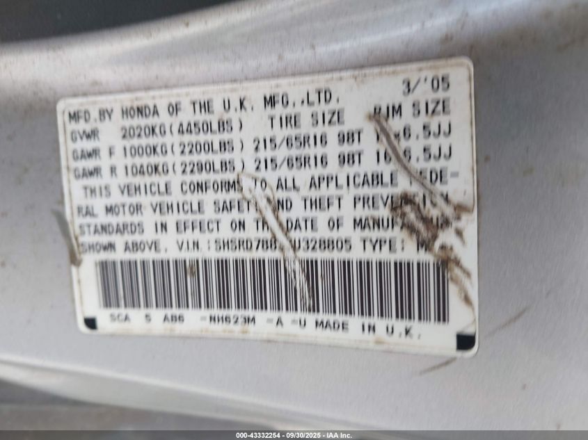 2005 Honda Cr-V Ex VIN: SHSRD78835U328805 Lot: 43332254