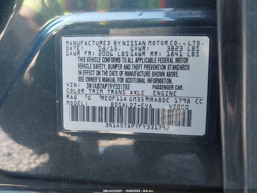 2015 Nissan Sentra Sv VIN: 3N1AB7AP7FY331792 Lot: 43332257