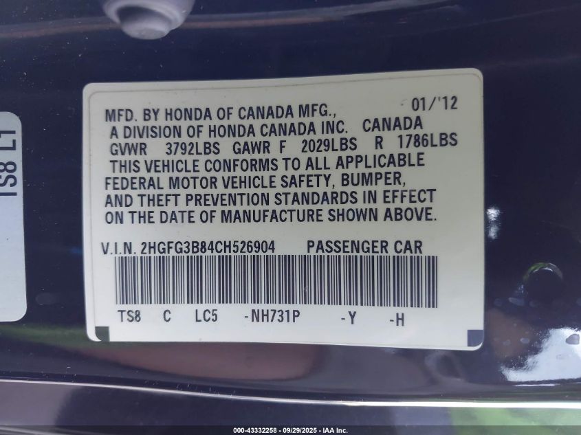 2012 Honda Civic Ex VIN: 2HGFG3B84CH526904 Lot: 43332258