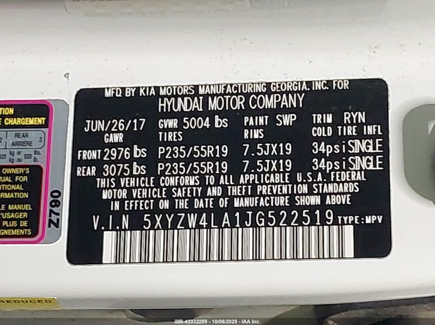 2018 Hyundai Santa Fe Sport 2.0T Ultimate VIN: 5XYZW4LA1JG522519 Lot: 43332259