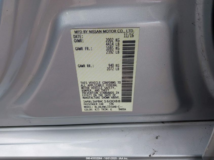 2017 Nissan Altima 3.5 Sl VIN: 1N4BL3AP8HC160088 Lot: 43332264