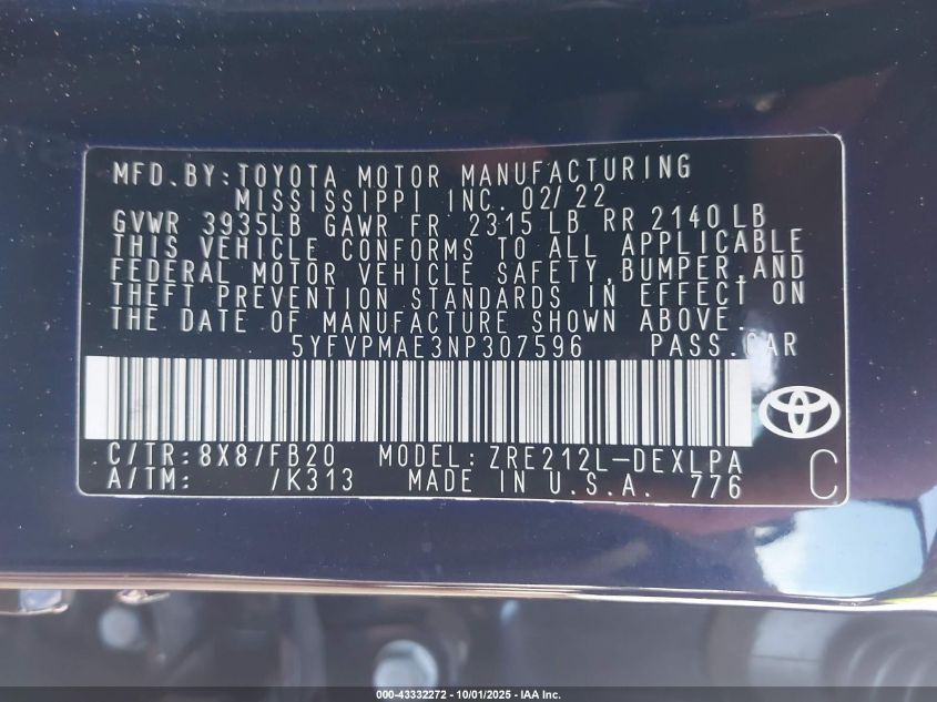 2022 Toyota Corolla Le VIN: 5YFVPMAE3NP307596 Lot: 43332272