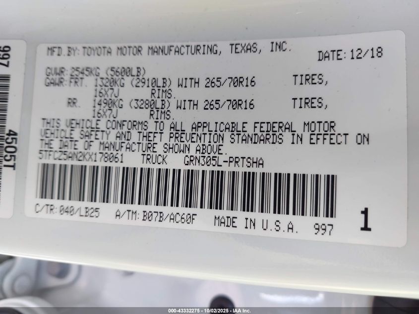 2019 Toyota Tacoma Trd Pro VIN: 5TFCZ5AN2KX178061 Lot: 43332275