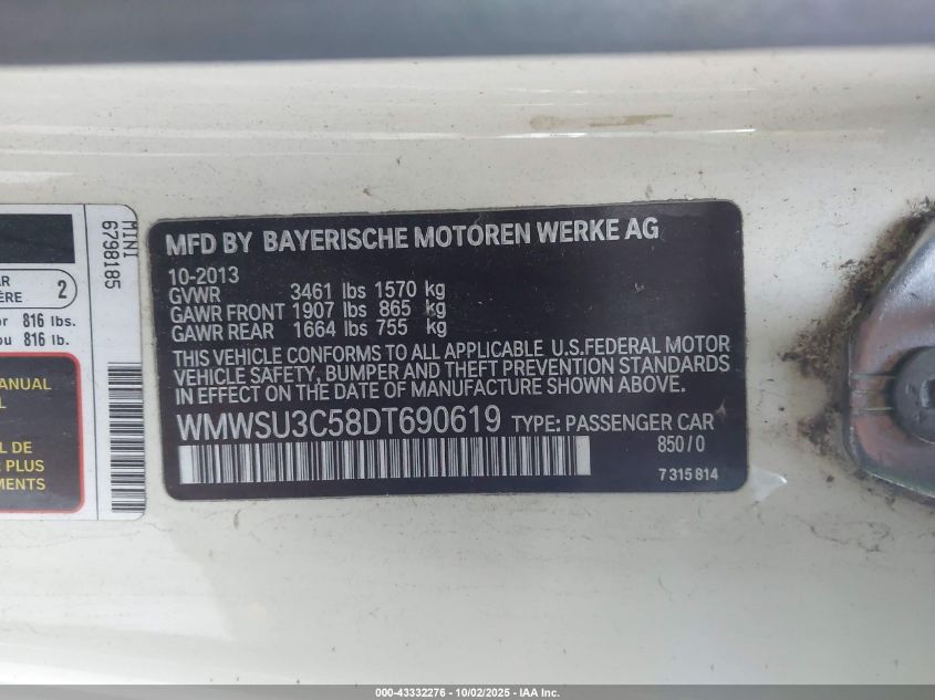 2013 Mini Hardtop Cooper VIN: WMWSU3C58DT690619 Lot: 43332276