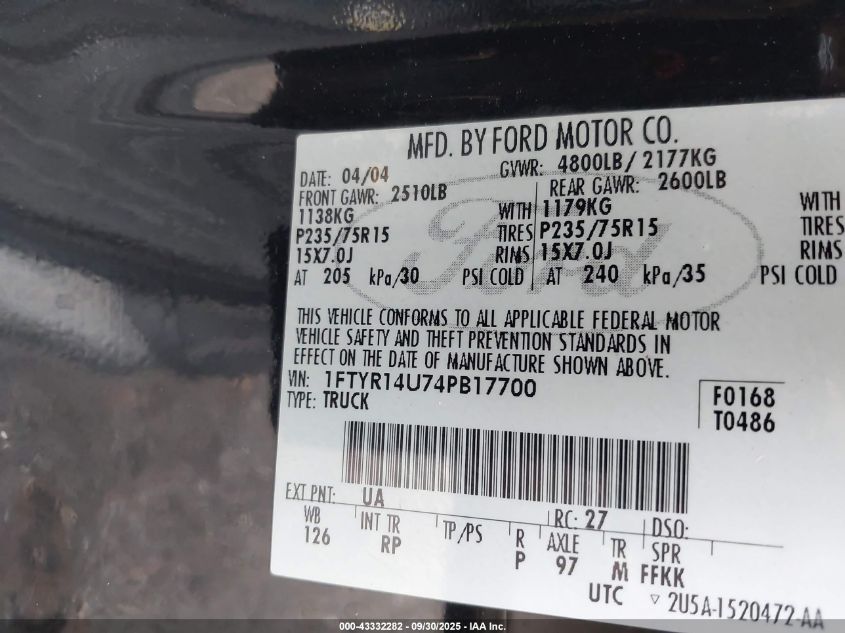 2004 Ford Ranger Edge/Tremor/Xl/Xlt VIN: 1FTYR14U74PB17700 Lot: 43332282