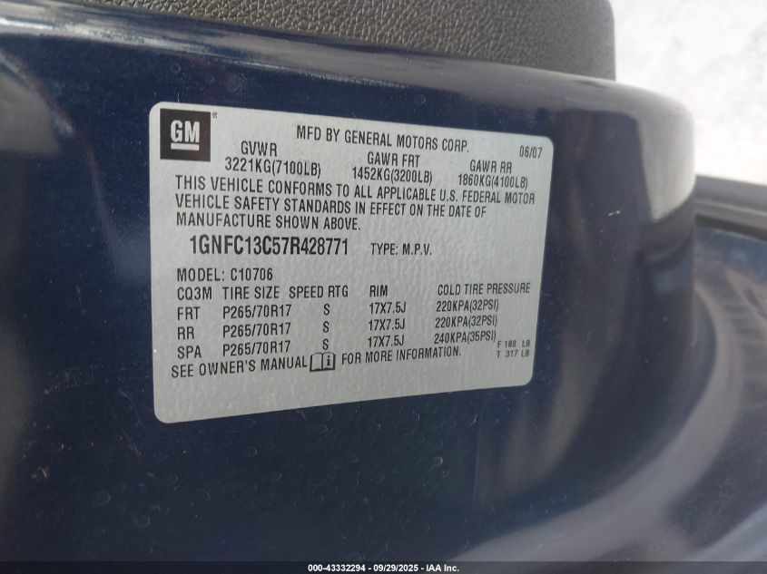 2007 Chevrolet Tahoe Ls VIN: 1GNFC13C57R428771 Lot: 43332294