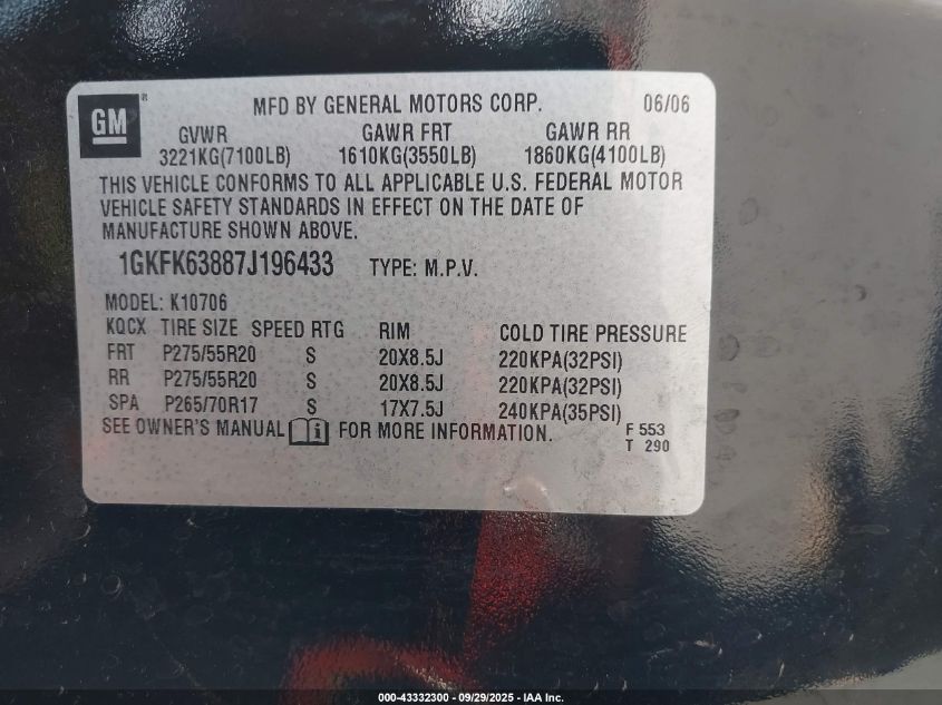 2007 GMC Yukon Denali VIN: 1GKFK63887J196433 Lot: 43332300