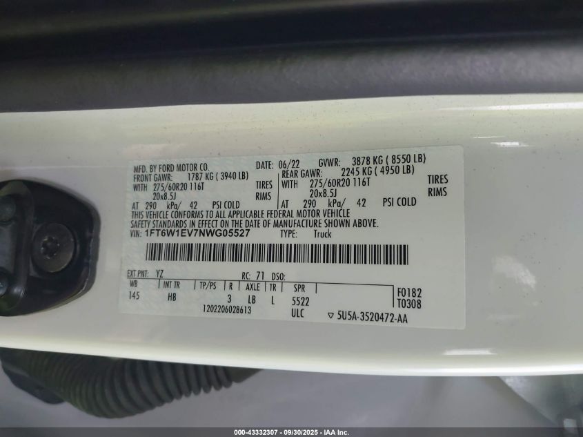 2022 Ford F-150 Lightning Lariat VIN: 1FT6W1EV7NWG05527 Lot: 43332307