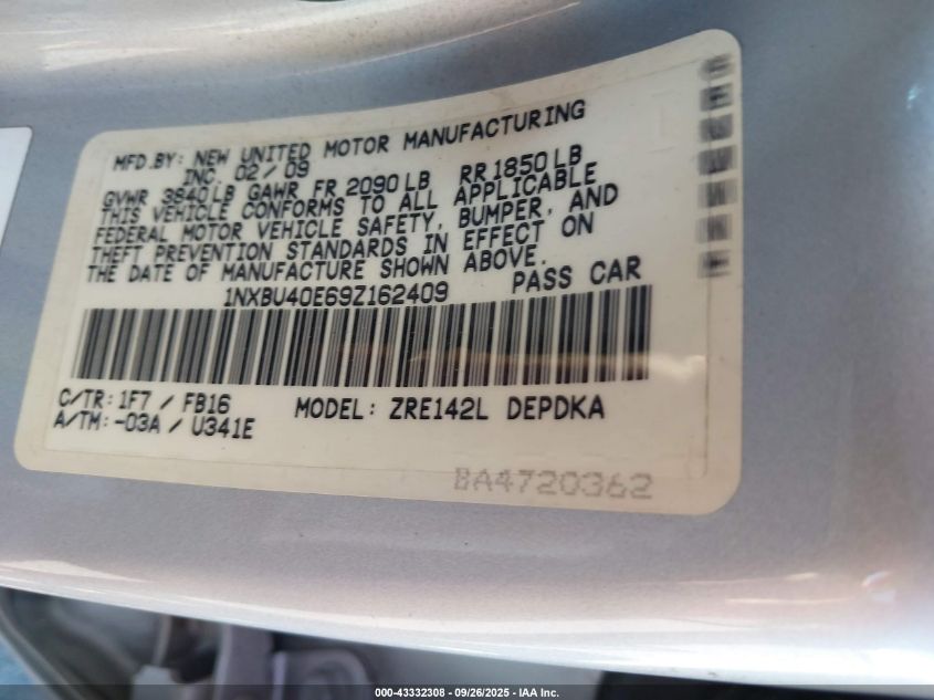 2009 Toyota Corolla Le VIN: 1NXBU40E69Z162409 Lot: 43332308