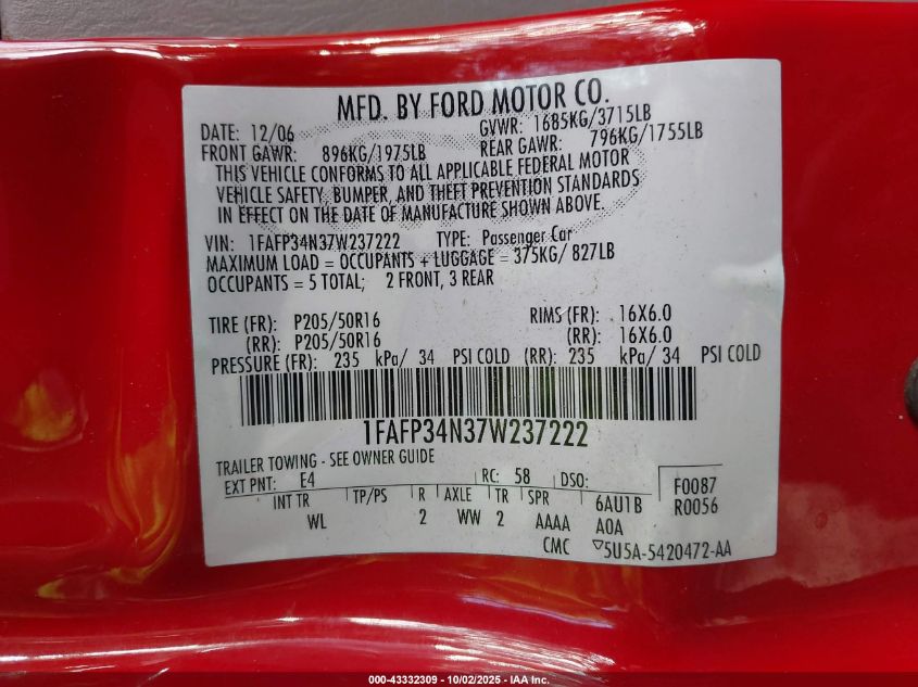 2007 Ford Focus S/Se/Ses VIN: 1FAFP34N37W237222 Lot: 43332309