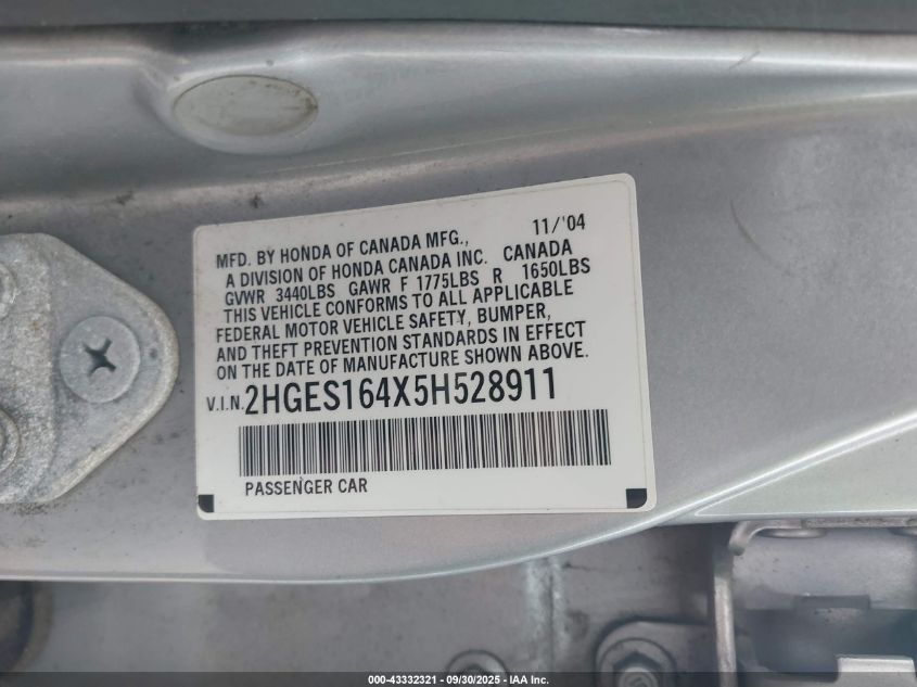 2005 Honda Civic Vp VIN: 2HGES164X5H528911 Lot: 43332321