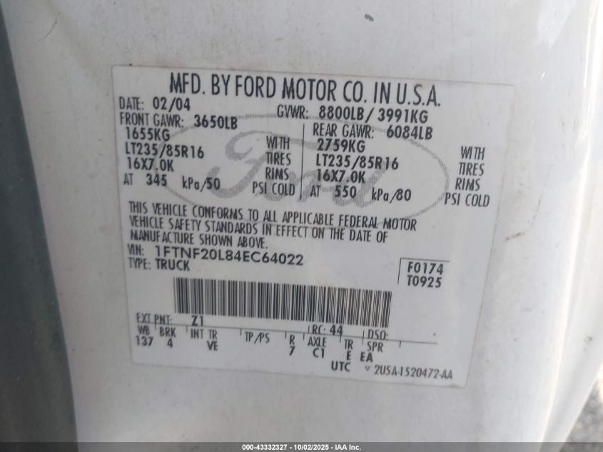 2004 Ford F-250 Xl/Xlt VIN: 1FTNF20L84EC64022 Lot: 43332327