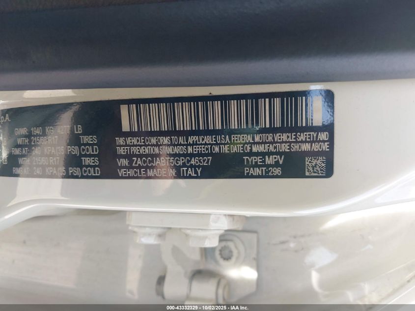 2016 Jeep Renegade Latitude VIN: ZACCJABT5GPC46327 Lot: 43332329