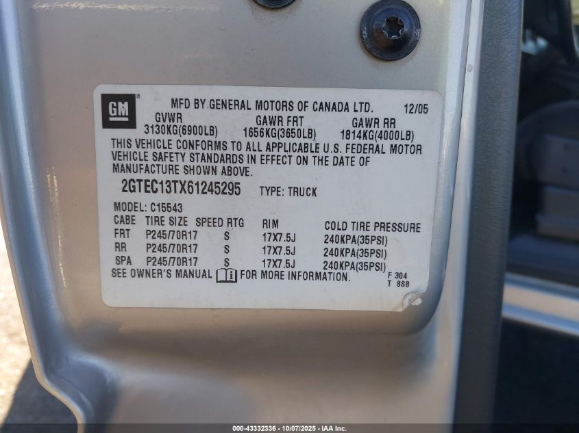 2006 GMC Sierra 1500 Sle1 VIN: 2GTEC13TX61245295 Lot: 43332336