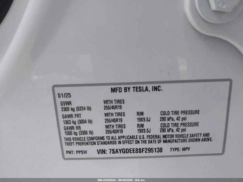 2025 Tesla Model Y Long Range Dual Motor All-Wheel Drive VIN: 7SAYGDEE8SF295138 Lot: 43332342