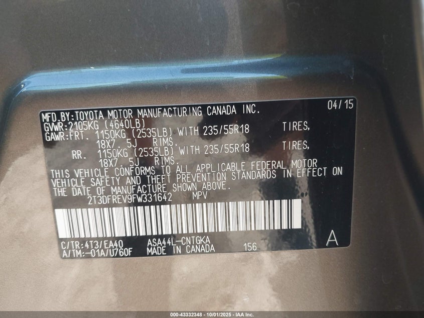 2015 TOYOTA RAV4 LIMITED - 2T3DFREV9FW331642