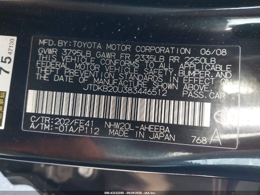 2008 Toyota Prius VIN: JTDKB20U383446512 Lot: 43332350