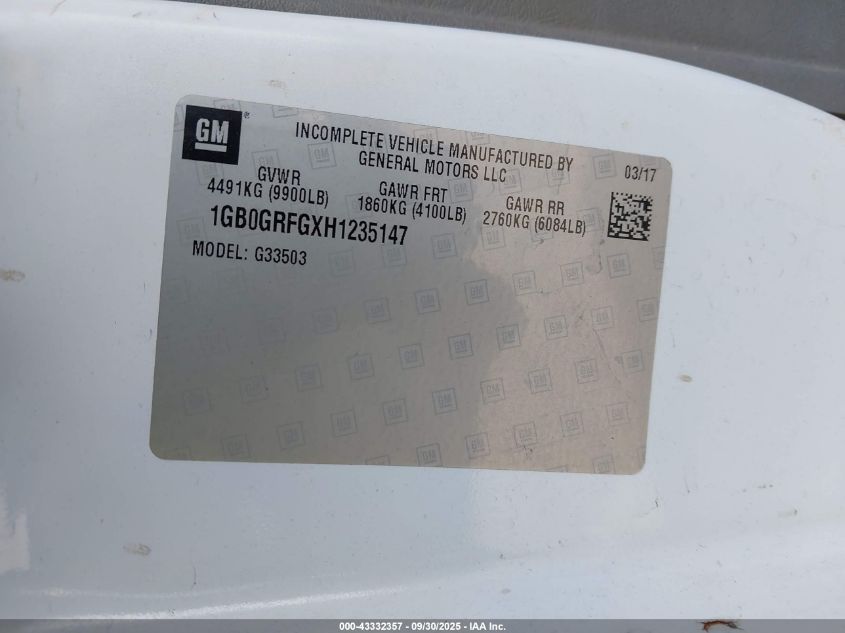 2017 Chevrolet Express Cutaway Work Van VIN: 1GB0GRFGXH1235147 Lot: 43332357