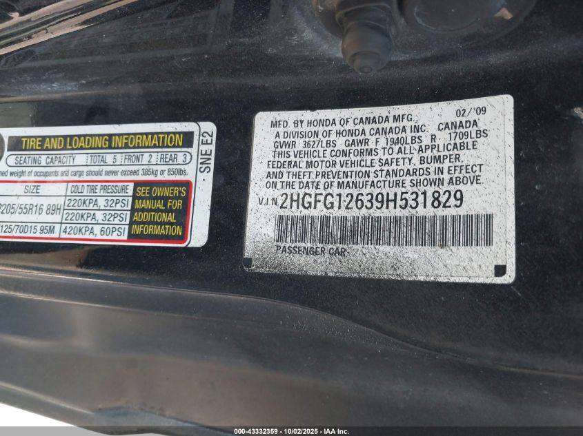 2009 Honda Civic Lx VIN: 2HGFG12639H531829 Lot: 43332359