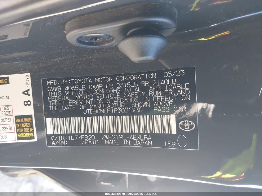 2023 Toyota Corolla Hybrid Le VIN: JTDBCMFE1P3021930 Lot: 43332370