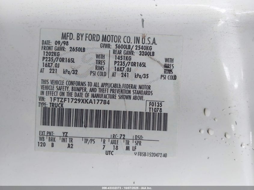 1999 Ford F-150 Work Series/Xl/Xlt VIN: 1FTZF1729XKA17784 Lot: 43332373