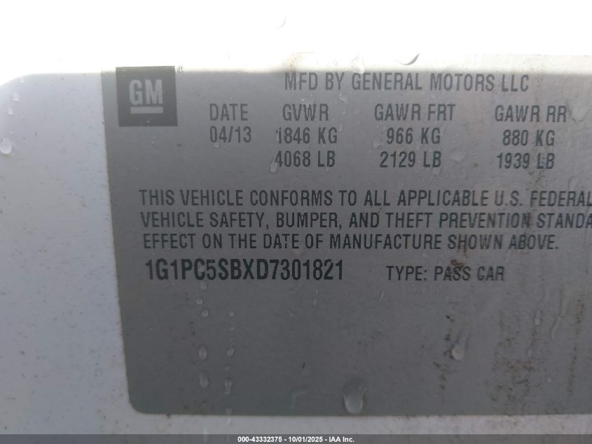 2013 Chevrolet Cruze 1Lt Auto VIN: 1G1PC5SBXD7301821 Lot: 43332375