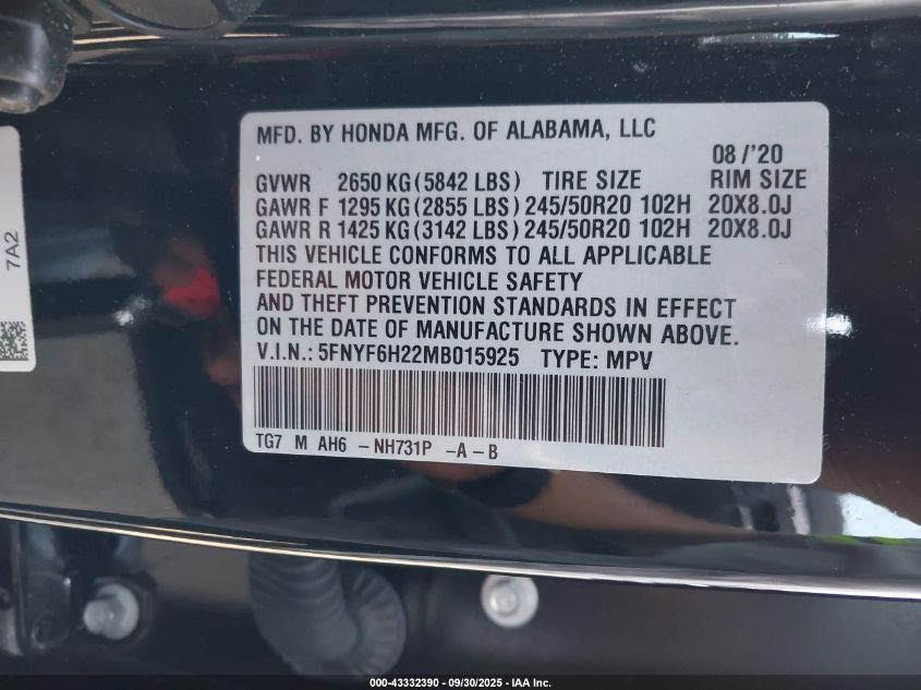 2021 Honda Pilot Awd Special Edition VIN: 5FNYF6H22MB015925 Lot: 43332390