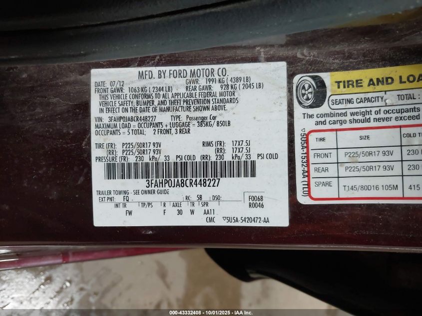 2012 Ford Fusion Sel VIN: 3FAHP0JA8CR448227 Lot: 43332408