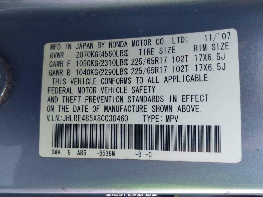 2008 Honda Cr-V Ex VIN: JHLRE485X8C030460 Lot: 43332411