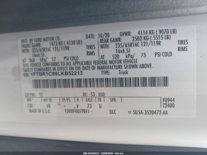 2020 Ford Transit-250 VIN: 1FTBR1C89LKB52213 Lot: 43332413