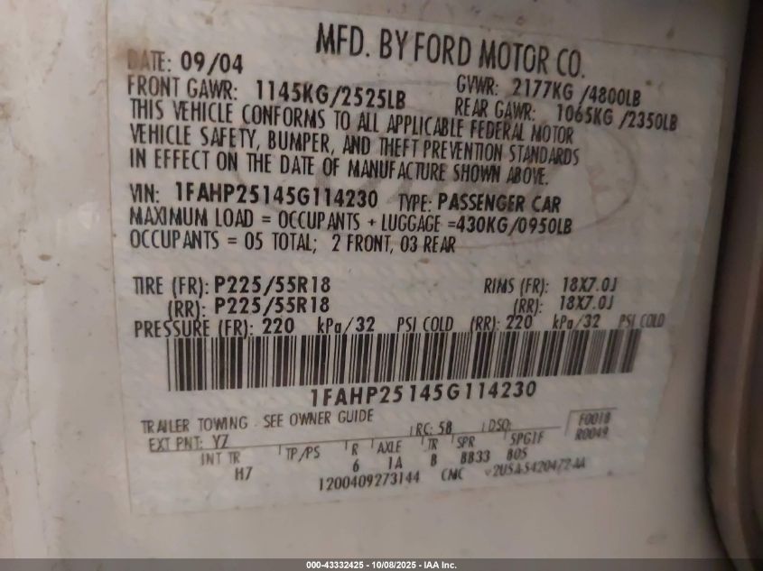 2005 Ford Five Hundred Limited VIN: 1FAHP25145G114230 Lot: 43332425