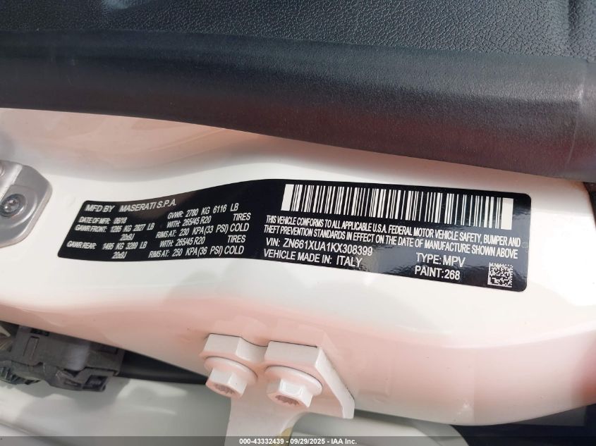 2019 Maserati Levante VIN: ZN661XUA1KX308399 Lot: 43332439