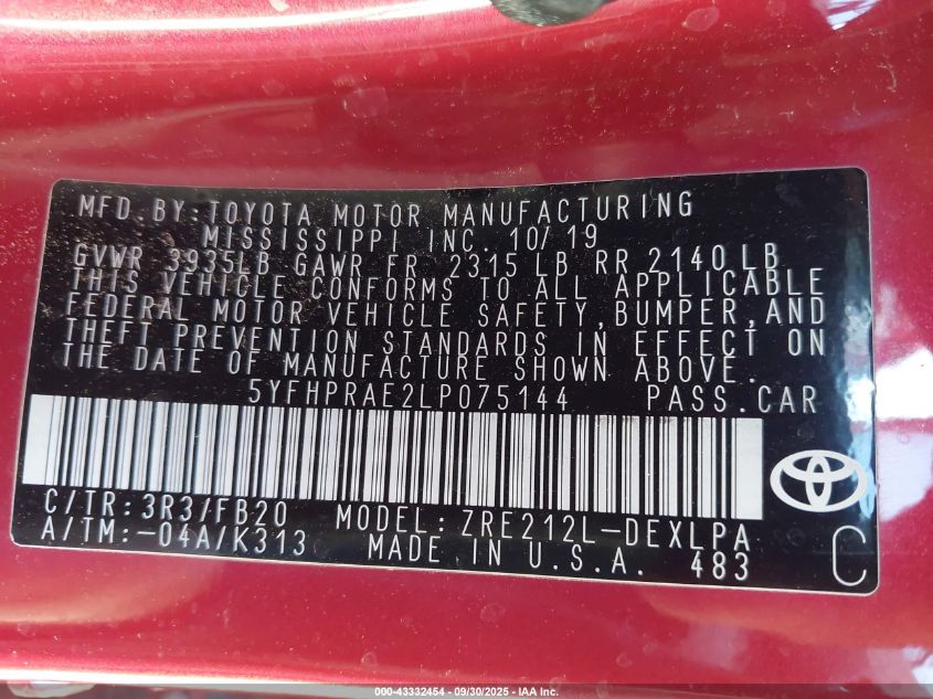 2020 Toyota Corolla Le VIN: 5YFHPRAE2LP075144 Lot: 43332454