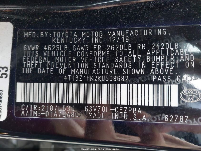 2019 Toyota Camry Xse V6 VIN: 4T1BZ1HK2KU508682 Lot: 43332459