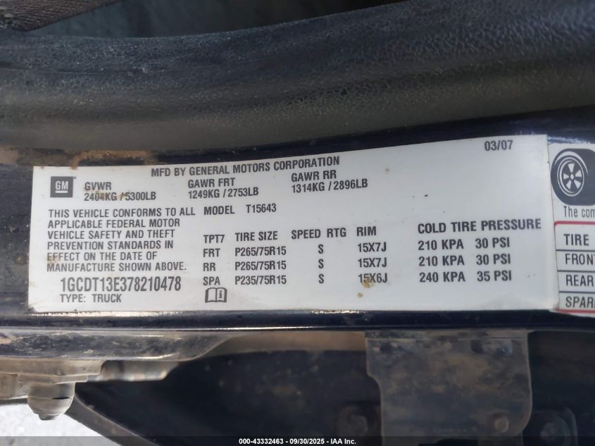 2007 Chevrolet Colorado Lt VIN: 1GCDT13E378210478 Lot: 43332463