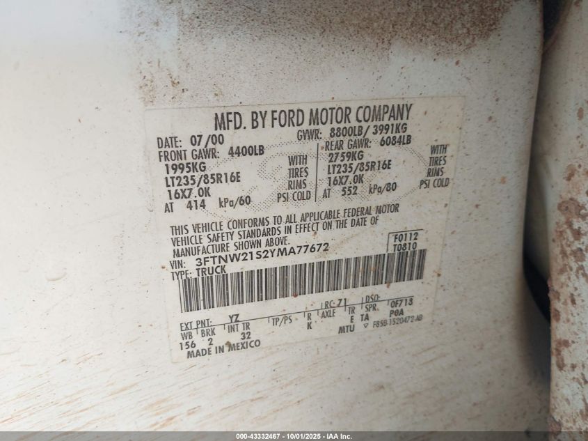 2000 Ford F-250 Lariat/Xl/Xlt VIN: 3FTNW21S2YMA77672 Lot: 43332467