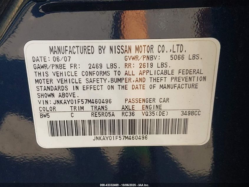 2007 Infiniti M35X VIN: JNKAY01F57M460496 Lot: 43332469
