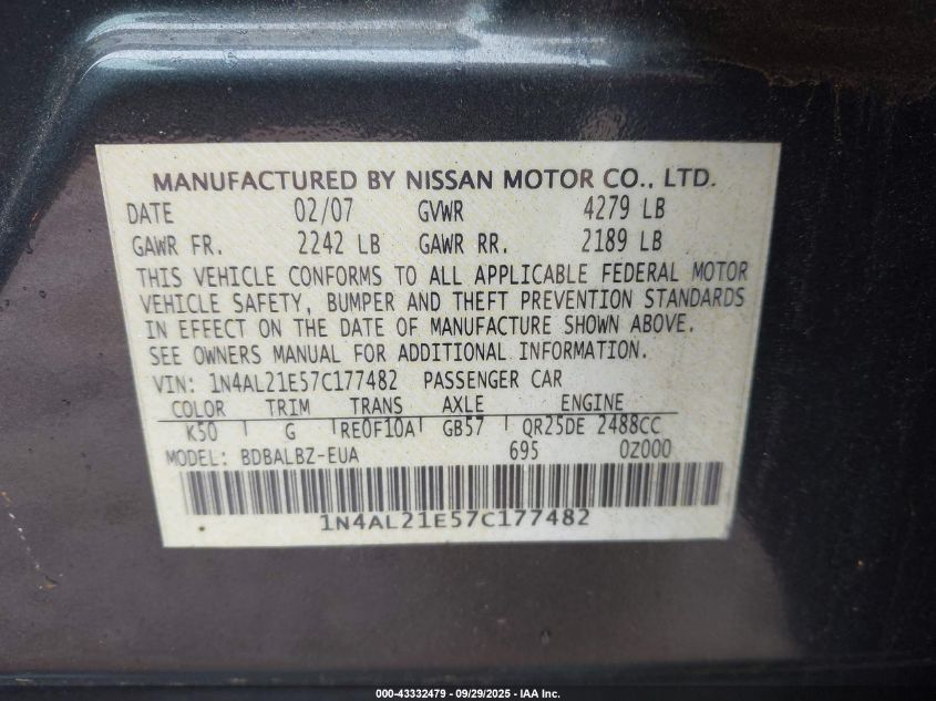 2007 Nissan Altima 2.5 S VIN: 1N4AL21E57C177482 Lot: 43332479