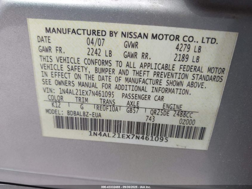 2007 Nissan Altima 2.5 S VIN: 1N4AL21EX7N461095 Lot: 43332488