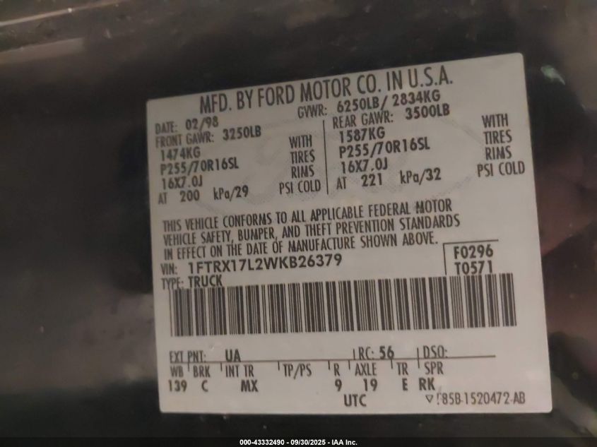 1998 Ford F-150 Lariat/Xl/Xlt VIN: 1FTRX17L2WKB26379 Lot: 43332490