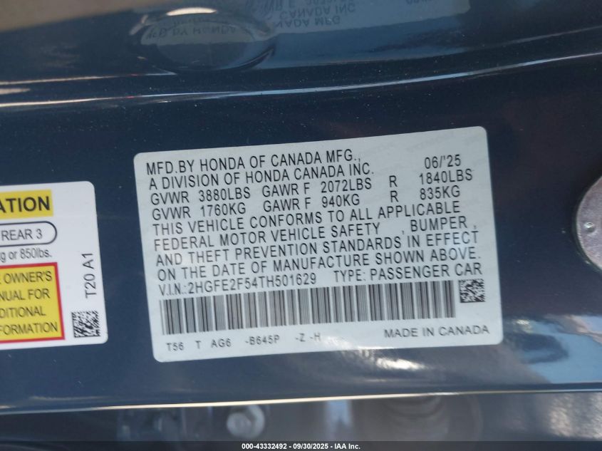 2026 Honda Civic Sport VIN: 2HGFE2F54TH501629 Lot: 43332492