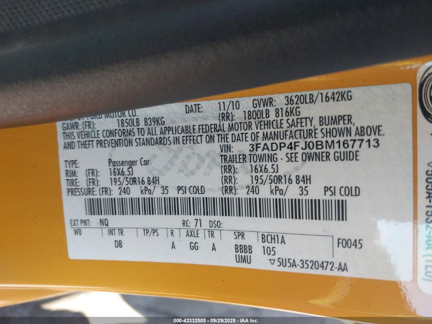 2011 Ford Fiesta Ses VIN: 3FADP4FJ0BM167713 Lot: 43332505