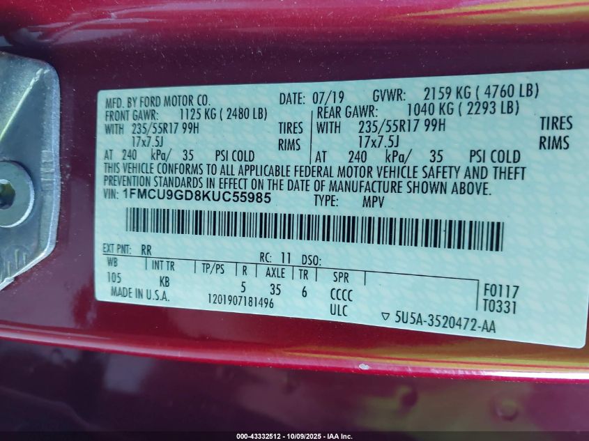 2019 Ford Escape Se VIN: 1FMCU9GD8KUC55985 Lot: 43332512