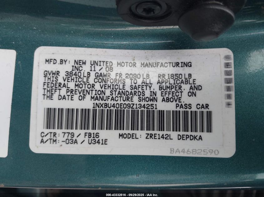 2009 Toyota Corolla Le VIN: 1NXBU40E09Z134251 Lot: 43332516