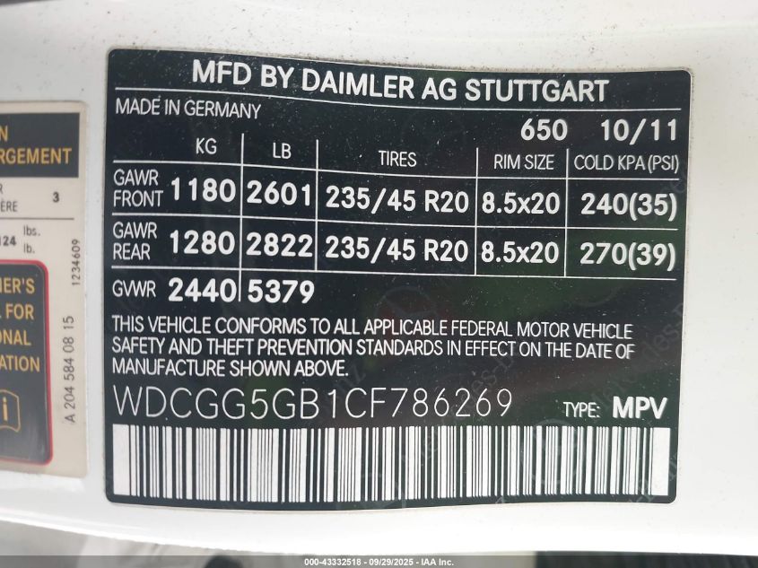 2012 Mercedes-Benz Glk 350 VIN: WDCGG5GB1CF786269 Lot: 43332518