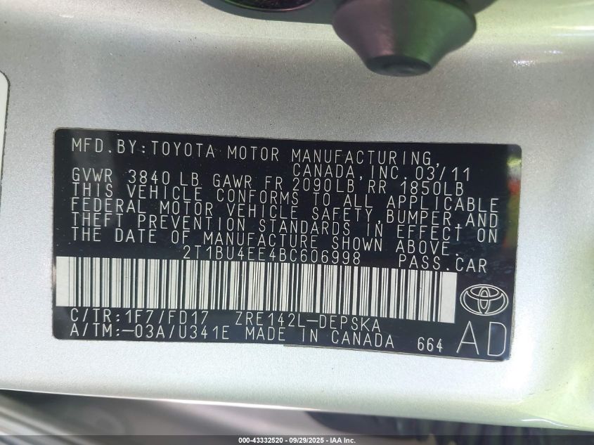 2011 Toyota Corolla S VIN: 2T1BU4EE4BC606998 Lot: 43332520