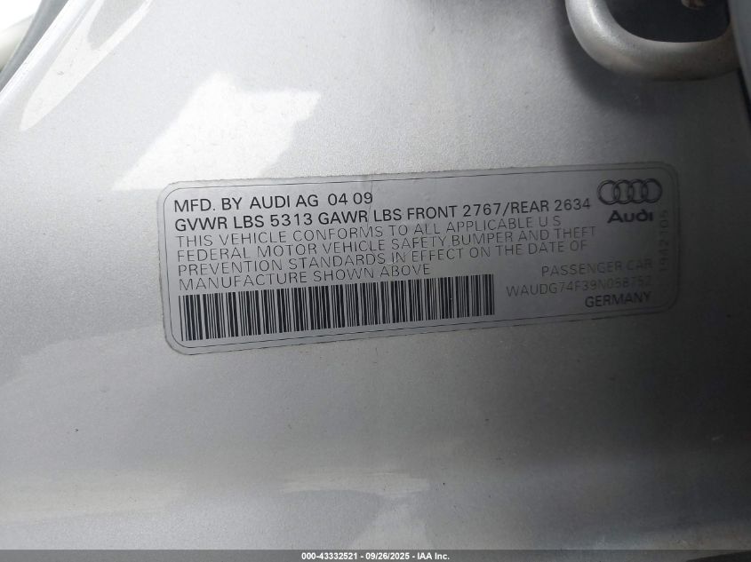 2009 Audi A6 3.0 Premium VIN: WAUDG74F39N058752 Lot: 43332521